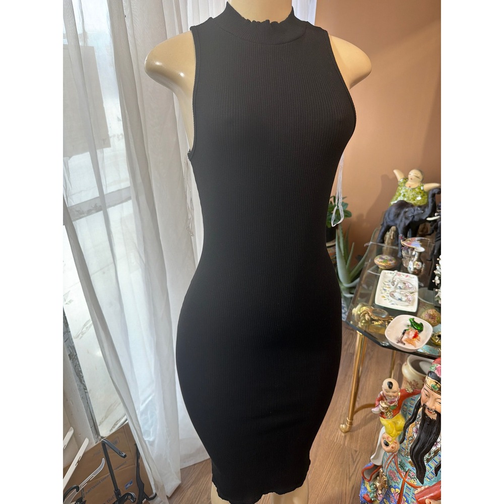 Shinestar Black Ribbed Mock Neck Sleeveless Bodycon Midi Dress SH5111U L